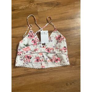 Zara Womens Medium White and Pink Floral Strappy Cropped Camisole NEW